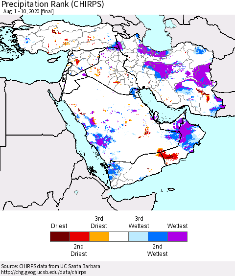 Middle East and Turkey Precipitation Rank since 1981 (CHIRPS) Thematic Map For 8/1/2020 - 8/10/2020