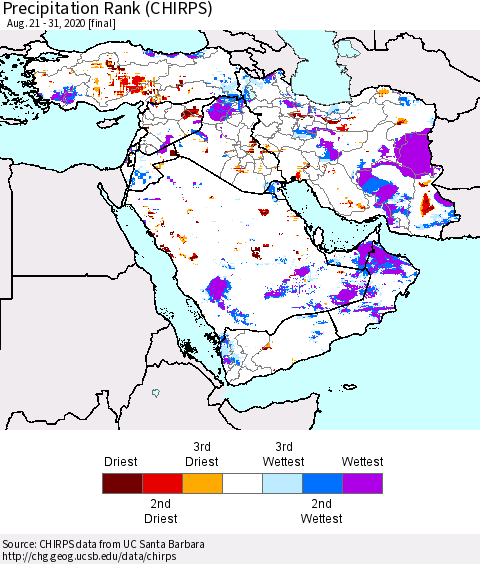 Middle East and Turkey Precipitation Rank since 1981 (CHIRPS) Thematic Map For 8/21/2020 - 8/31/2020