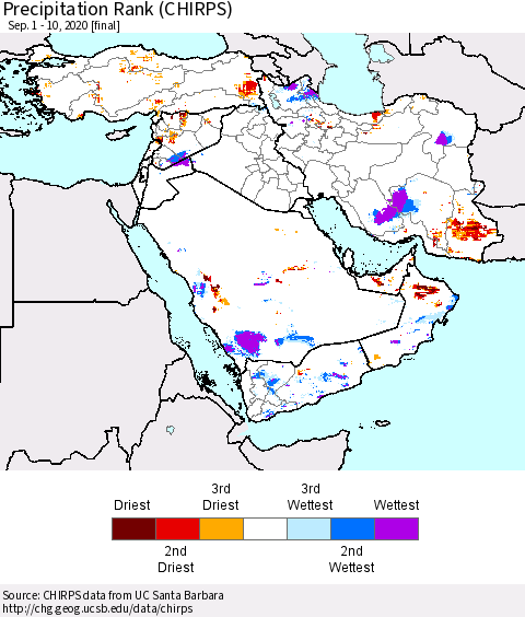 Middle East and Turkey Precipitation Rank since 1981 (CHIRPS) Thematic Map For 9/1/2020 - 9/10/2020