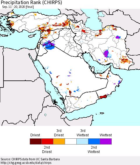 Middle East and Turkey Precipitation Rank since 1981 (CHIRPS) Thematic Map For 9/11/2020 - 9/20/2020