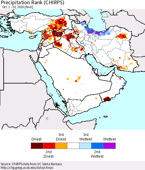 Middle East and Turkey Precipitation Rank since 1981 (CHIRPS) Thematic Map For 10/1/2020 - 10/10/2020