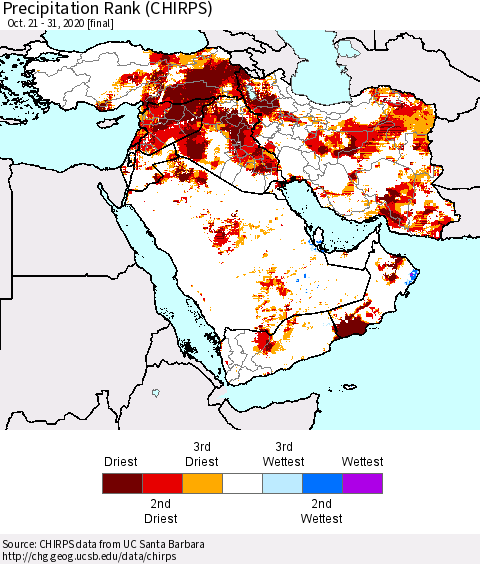 Middle East and Turkey Precipitation Rank since 1981 (CHIRPS) Thematic Map For 10/21/2020 - 10/31/2020
