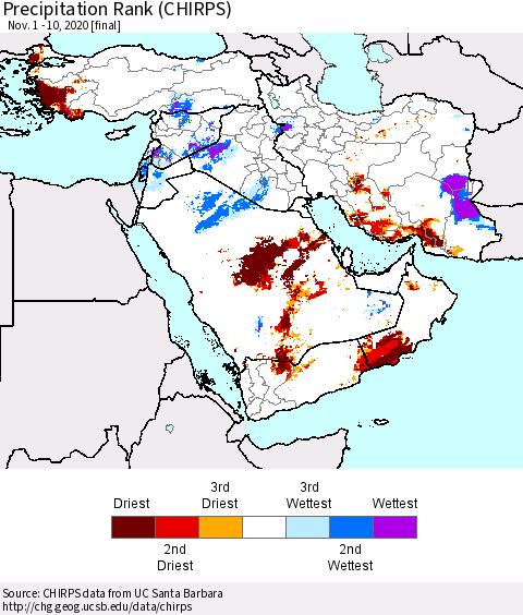 Middle East and Turkey Precipitation Rank since 1981 (CHIRPS) Thematic Map For 11/1/2020 - 11/10/2020