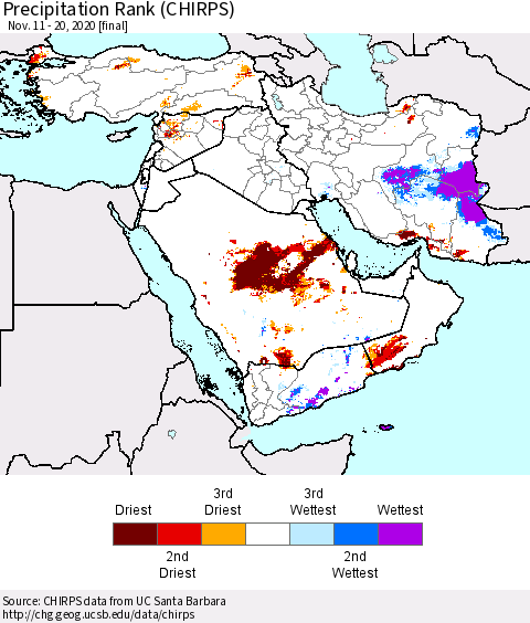 Middle East and Turkey Precipitation Rank since 1981 (CHIRPS) Thematic Map For 11/11/2020 - 11/20/2020