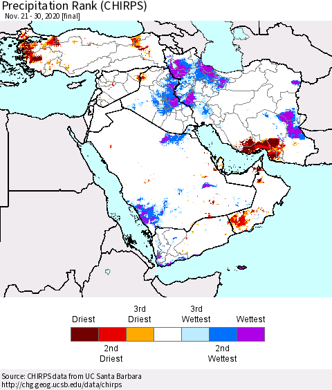 Middle East and Turkey Precipitation Rank since 1981 (CHIRPS) Thematic Map For 11/21/2020 - 11/30/2020