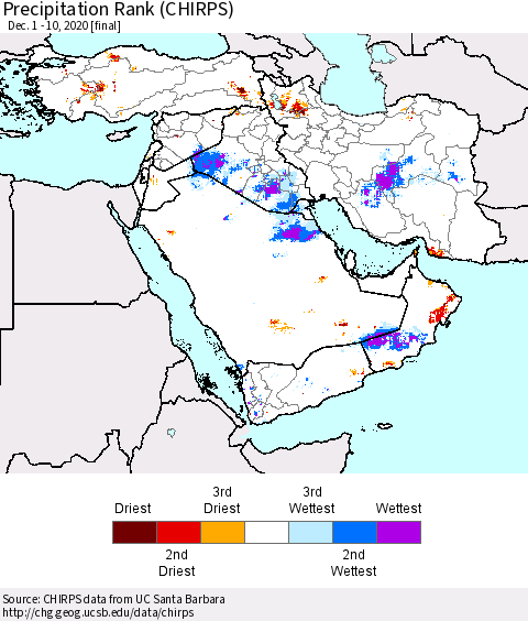 Middle East and Turkey Precipitation Rank since 1981 (CHIRPS) Thematic Map For 12/1/2020 - 12/10/2020
