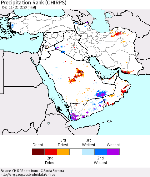 Middle East and Turkey Precipitation Rank since 1981 (CHIRPS) Thematic Map For 12/11/2020 - 12/20/2020