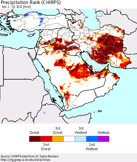 Middle East and Turkey Precipitation Rank since 1981 (CHIRPS) Thematic Map For 4/1/2021 - 4/10/2021