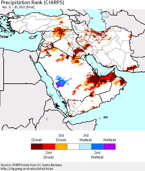 Middle East and Turkey Precipitation Rank since 1981 (CHIRPS) Thematic Map For 4/11/2021 - 4/20/2021