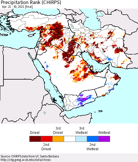 Middle East and Turkey Precipitation Rank since 1981 (CHIRPS) Thematic Map For 4/21/2021 - 4/30/2021