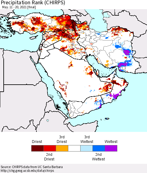 Middle East and Turkey Precipitation Rank since 1981 (CHIRPS) Thematic Map For 5/11/2021 - 5/20/2021
