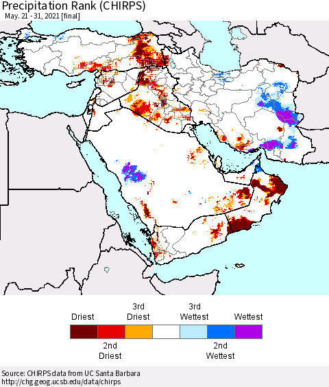 Middle East and Turkey Precipitation Rank since 1981 (CHIRPS) Thematic Map For 5/21/2021 - 5/31/2021