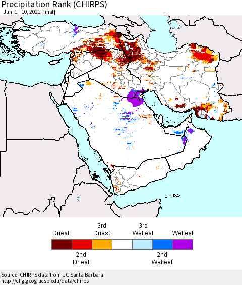 Middle East and Turkey Precipitation Rank since 1981 (CHIRPS) Thematic Map For 6/1/2021 - 6/10/2021