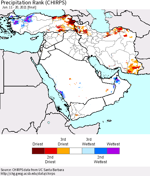 Middle East and Turkey Precipitation Rank since 1981 (CHIRPS) Thematic Map For 6/11/2021 - 6/20/2021