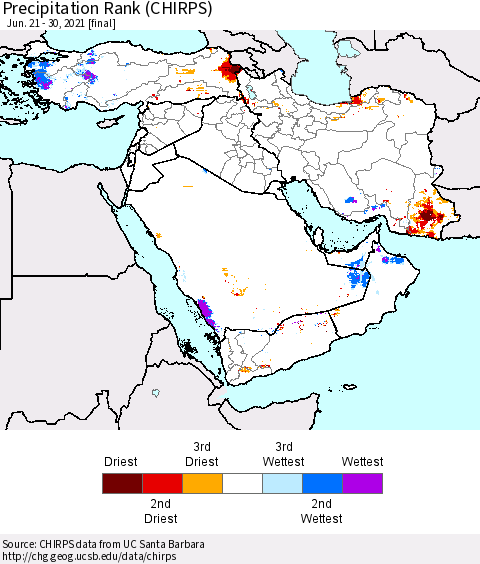 Middle East and Turkey Precipitation Rank since 1981 (CHIRPS) Thematic Map For 6/21/2021 - 6/30/2021