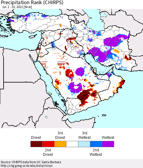 Middle East and Turkey Precipitation Rank since 1981 (CHIRPS) Thematic Map For 7/1/2021 - 7/10/2021