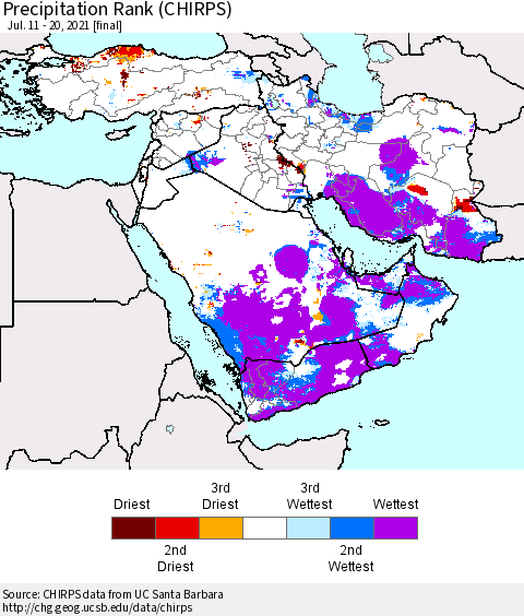 Middle East and Turkey Precipitation Rank since 1981 (CHIRPS) Thematic Map For 7/11/2021 - 7/20/2021