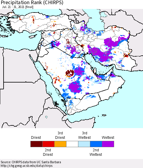Middle East and Turkey Precipitation Rank since 1981 (CHIRPS) Thematic Map For 7/21/2021 - 7/31/2021