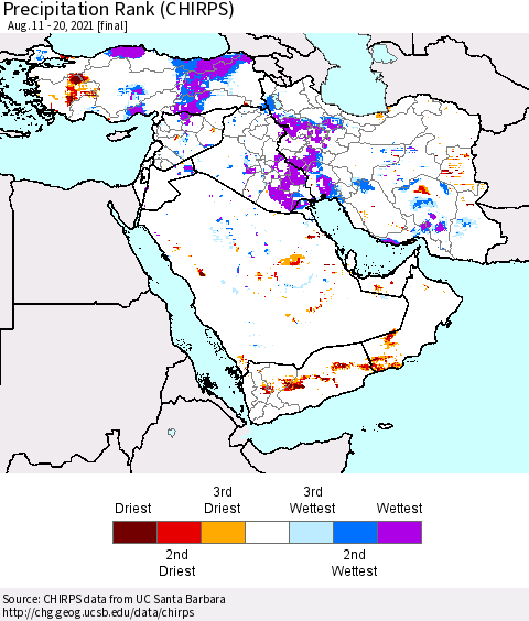 Middle East and Turkey Precipitation Rank since 1981 (CHIRPS) Thematic Map For 8/11/2021 - 8/20/2021