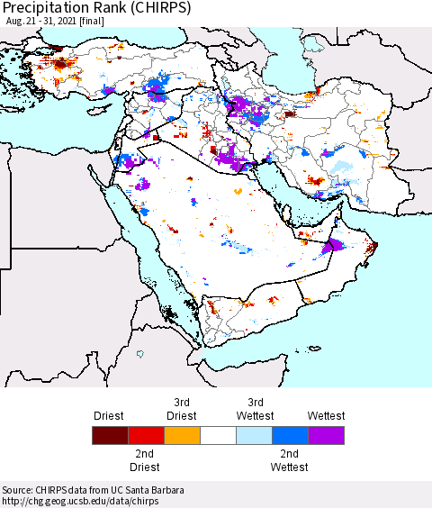 Middle East and Turkey Precipitation Rank since 1981 (CHIRPS) Thematic Map For 8/21/2021 - 8/31/2021