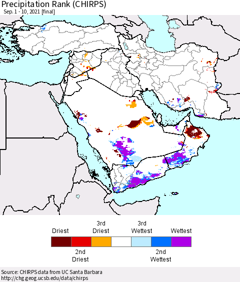 Middle East and Turkey Precipitation Rank since 1981 (CHIRPS) Thematic Map For 9/1/2021 - 9/10/2021