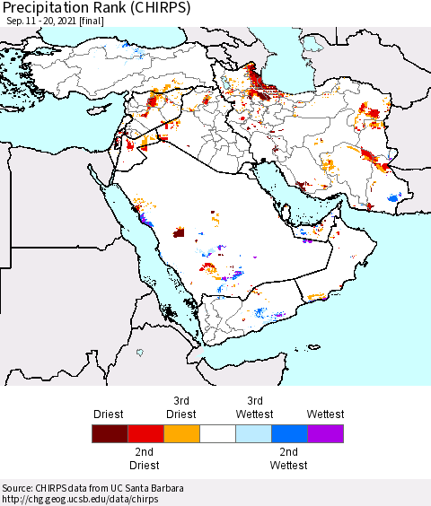 Middle East and Turkey Precipitation Rank since 1981 (CHIRPS) Thematic Map For 9/11/2021 - 9/20/2021