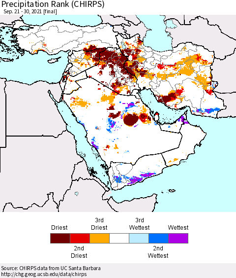 Middle East and Turkey Precipitation Rank since 1981 (CHIRPS) Thematic Map For 9/21/2021 - 9/30/2021