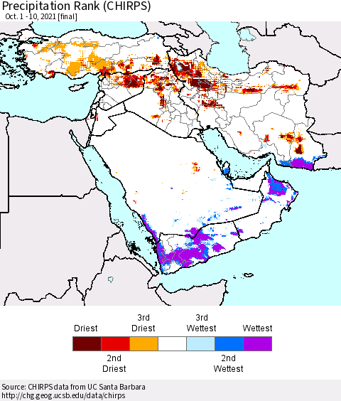 Middle East and Turkey Precipitation Rank since 1981 (CHIRPS) Thematic Map For 10/1/2021 - 10/10/2021