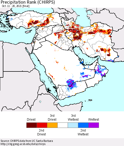 Middle East and Turkey Precipitation Rank since 1981 (CHIRPS) Thematic Map For 10/11/2021 - 10/20/2021