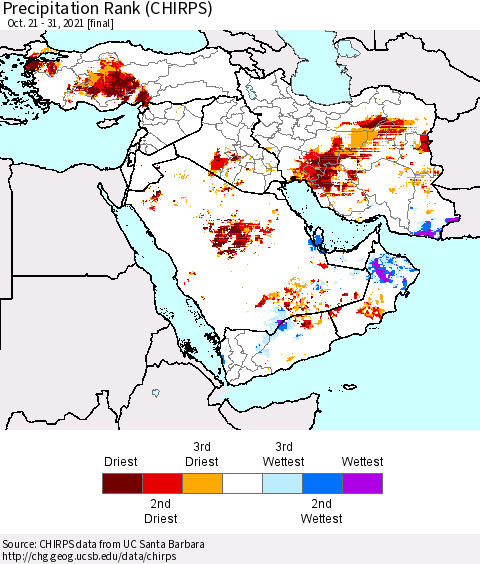 Middle East and Turkey Precipitation Rank since 1981 (CHIRPS) Thematic Map For 10/21/2021 - 10/31/2021