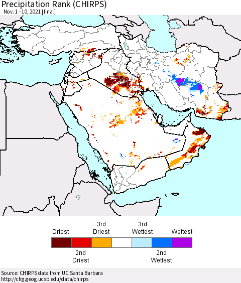 Middle East and Turkey Precipitation Rank since 1981 (CHIRPS) Thematic Map For 11/1/2021 - 11/10/2021