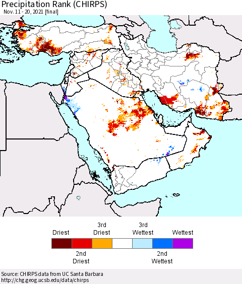 Middle East and Turkey Precipitation Rank since 1981 (CHIRPS) Thematic Map For 11/11/2021 - 11/20/2021