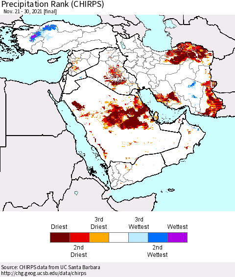 Middle East and Turkey Precipitation Rank since 1981 (CHIRPS) Thematic Map For 11/21/2021 - 11/30/2021