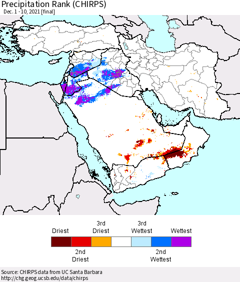 Middle East and Turkey Precipitation Rank since 1981 (CHIRPS) Thematic Map For 12/1/2021 - 12/10/2021