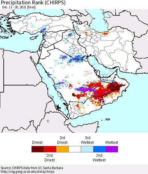 Middle East and Turkey Precipitation Rank since 1981 (CHIRPS) Thematic Map For 12/11/2021 - 12/20/2021
