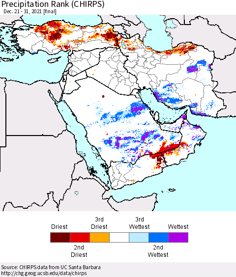 Middle East and Turkey Precipitation Rank since 1981 (CHIRPS) Thematic Map For 12/21/2021 - 12/31/2021