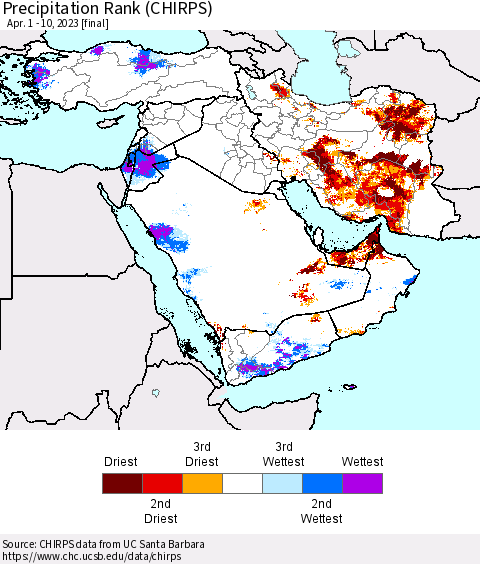 Middle East and Turkey Precipitation Rank since 1981 (CHIRPS) Thematic Map For 4/1/2023 - 4/10/2023
