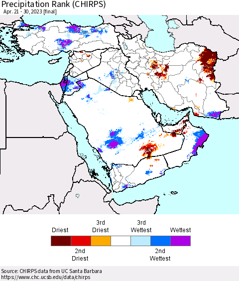 Middle East and Turkey Precipitation Rank since 1981 (CHIRPS) Thematic Map For 4/21/2023 - 4/30/2023