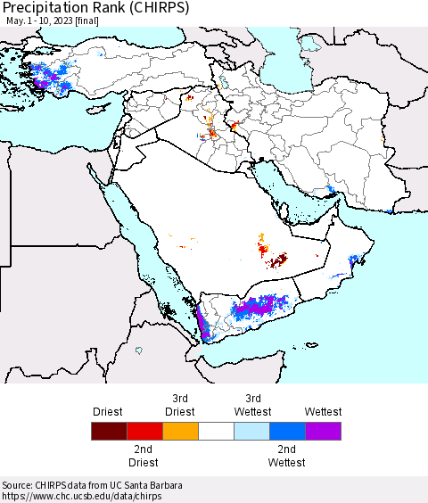 Middle East and Turkey Precipitation Rank since 1981 (CHIRPS) Thematic Map For 5/1/2023 - 5/10/2023