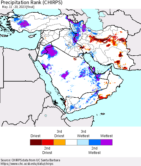 Middle East and Turkey Precipitation Rank since 1981 (CHIRPS) Thematic Map For 5/11/2023 - 5/20/2023