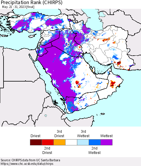 Middle East and Turkey Precipitation Rank since 1981 (CHIRPS) Thematic Map For 5/21/2023 - 5/31/2023