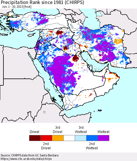 Middle East and Turkey Precipitation Rank since 1981 (CHIRPS) Thematic Map For 6/1/2023 - 6/10/2023
