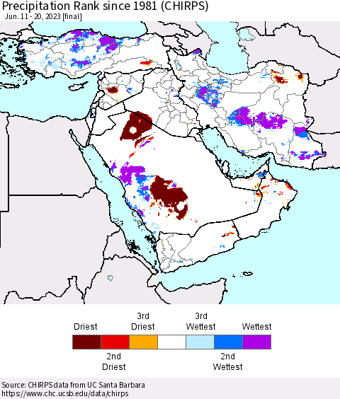 Middle East and Turkey Precipitation Rank since 1981 (CHIRPS) Thematic Map For 6/11/2023 - 6/20/2023