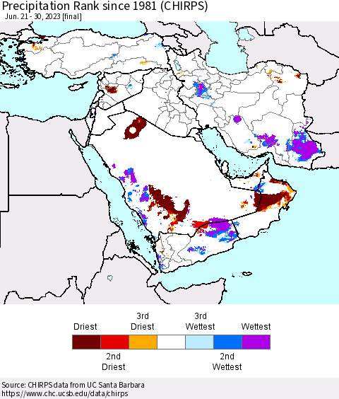 Middle East and Turkey Precipitation Rank since 1981 (CHIRPS) Thematic Map For 6/21/2023 - 6/30/2023