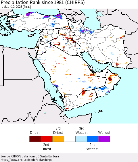 Middle East and Turkey Precipitation Rank since 1981 (CHIRPS) Thematic Map For 7/1/2023 - 7/10/2023