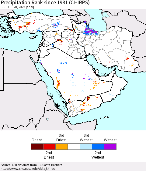 Middle East and Turkey Precipitation Rank since 1981 (CHIRPS) Thematic Map For 7/11/2023 - 7/20/2023