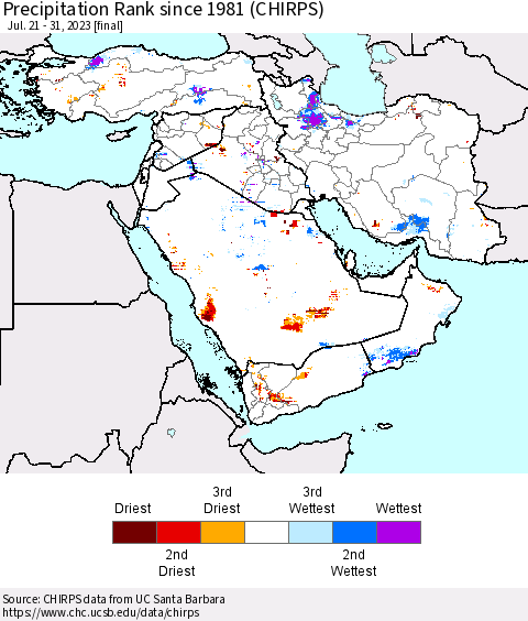Middle East and Turkey Precipitation Rank since 1981 (CHIRPS) Thematic Map For 7/21/2023 - 7/31/2023