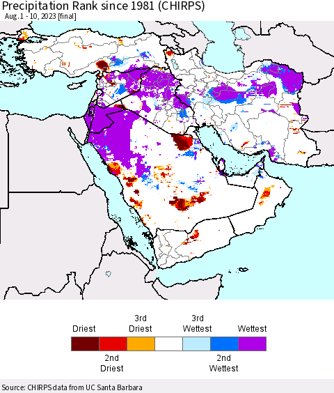 Middle East and Turkey Precipitation Rank since 1981 (CHIRPS) Thematic Map For 8/1/2023 - 8/10/2023