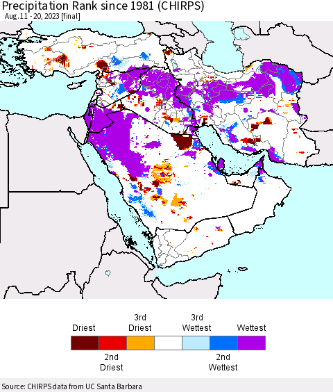 Middle East and Turkey Precipitation Rank since 1981 (CHIRPS) Thematic Map For 8/11/2023 - 8/20/2023