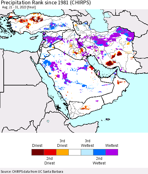 Middle East and Turkey Precipitation Rank since 1981 (CHIRPS) Thematic Map For 8/21/2023 - 8/31/2023